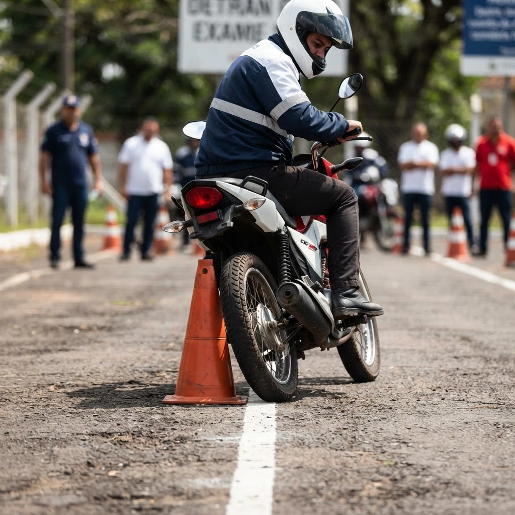 Motocicleta passando com precisão perto do cone e da linha da prova