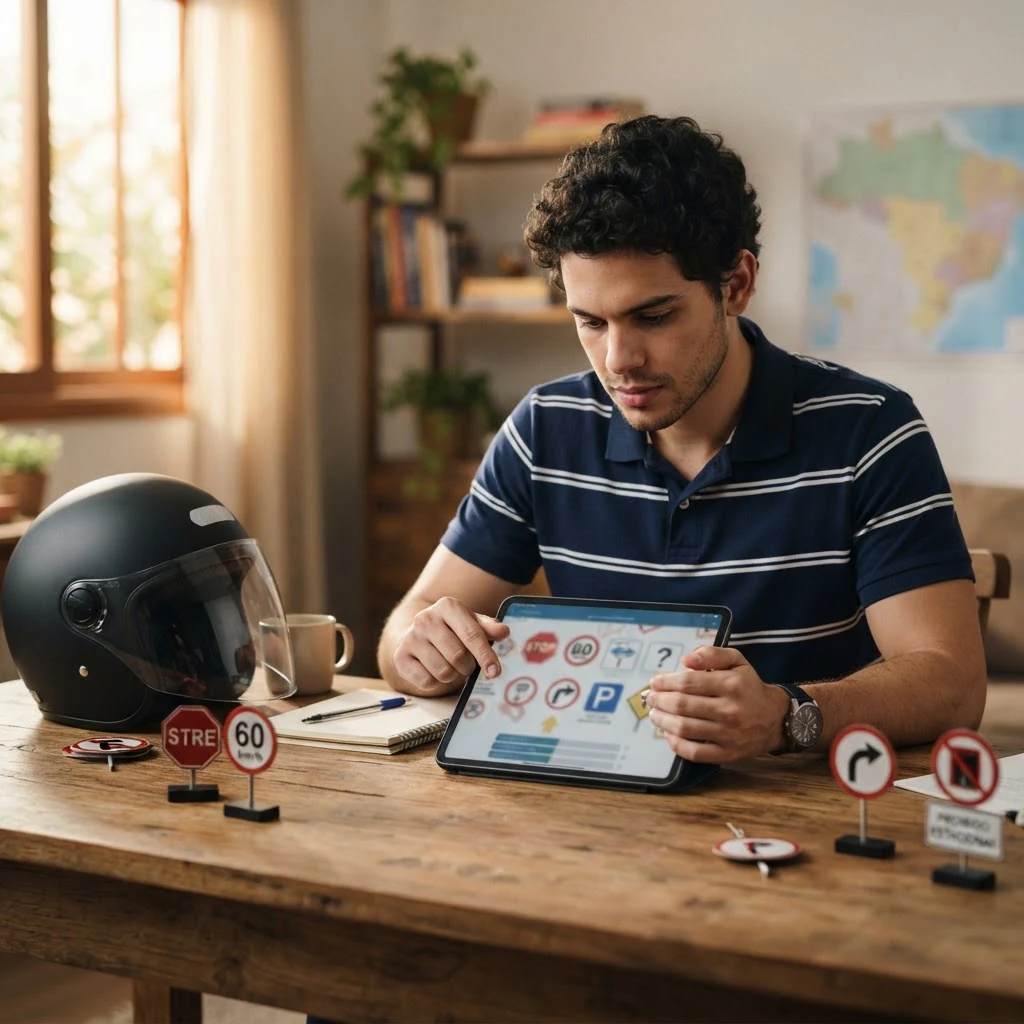 Candidato estudando placas e sinalização para a prova de moto