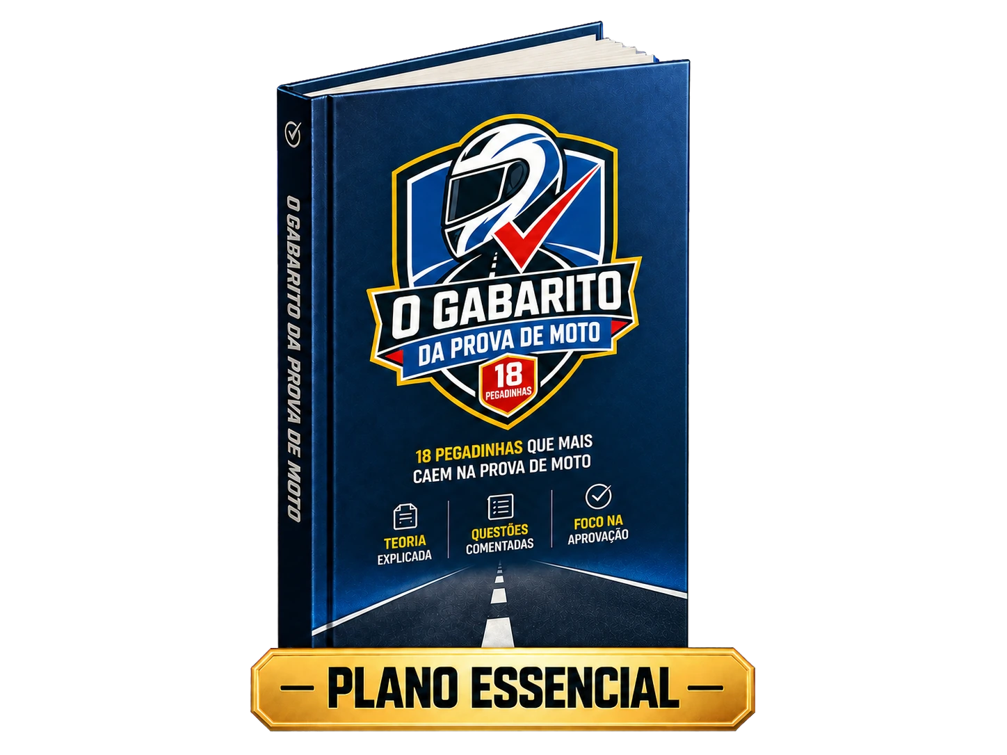 Mockup do Plano Essencial com o livro O Gabarito da Prova de Moto